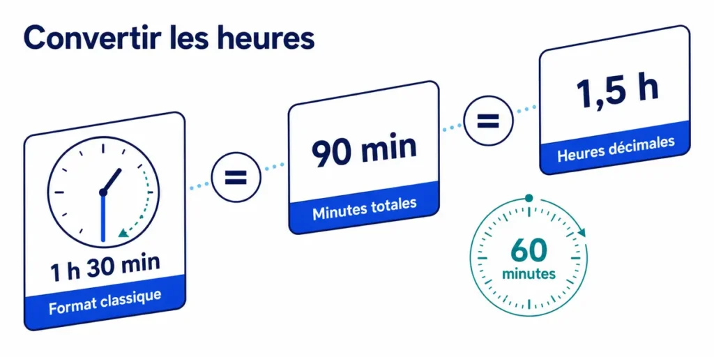Conversion de 1 h 30 en minutes et en heures décimales
