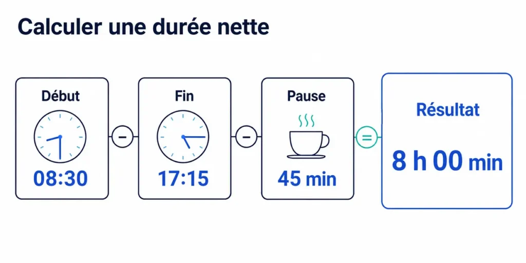 Calcul d’une durée nette avec heure de début, heure de fin et pause