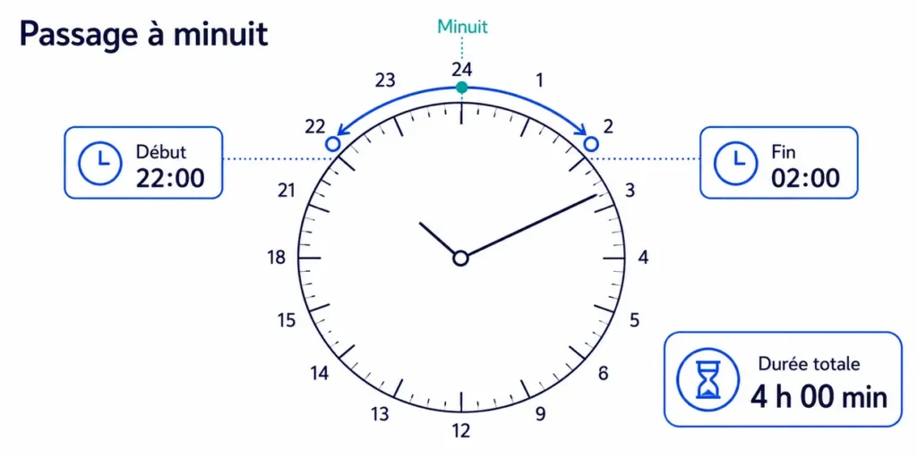 Calcul d’une durée passant de 22 h à 2 h du matin