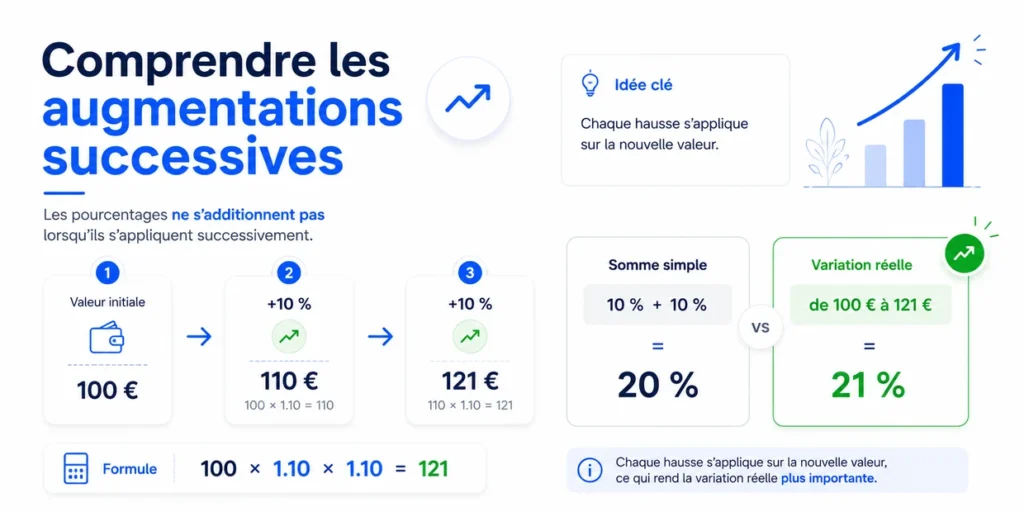 Calcul des augmentations successives avec deux hausses de 10 %