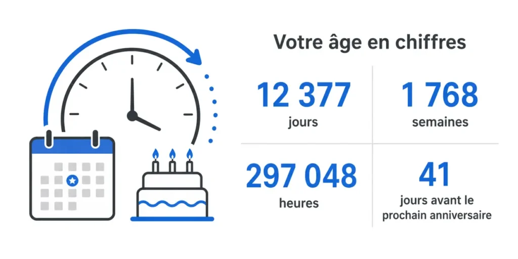 Âge exprimé en jours, semaines et heures avec prochain anniversaire