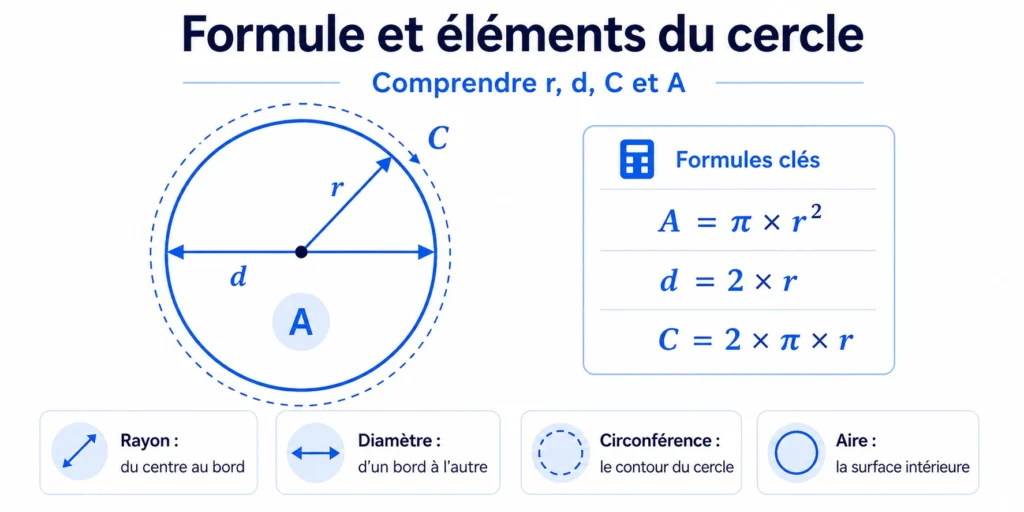 Formule et éléments du cercle avec rayon diamètre circonférence et aire