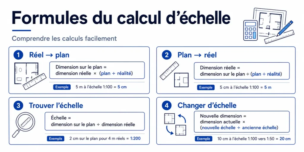 Formules pour calculer une échelle, une dimension réelle et une dimension sur plan