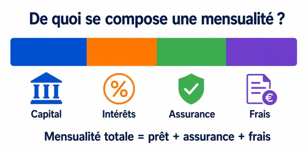 Composition d’une mensualité de prêt entre capital, intérêts, assurance et frais