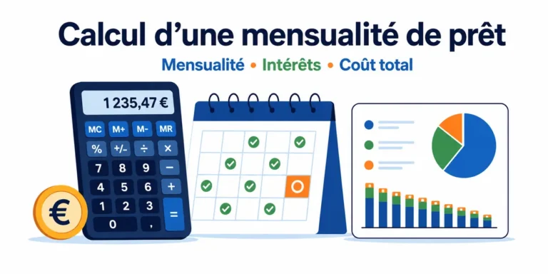 Calcul d’une mensualité de prêt avec calculatrice, calendrier et répartition des coûts