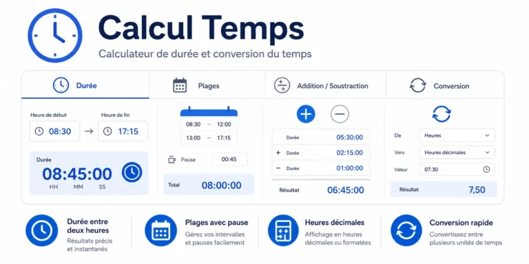 Calculateur Temps avec durée, plages horaires, addition, soustraction et conversion