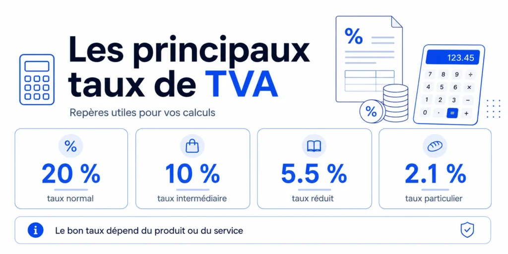 Principaux taux de TVA en France 20 %, 10 %, 5.5 % et 2.1 %11
