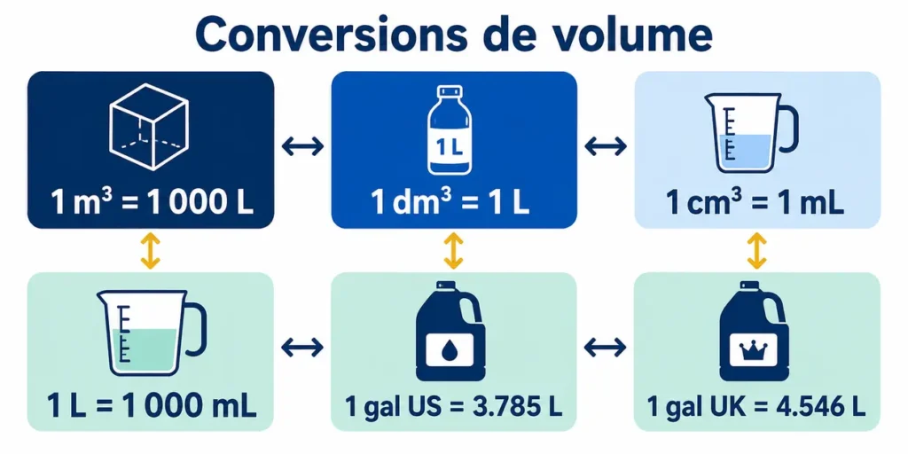 Conversions entre mètres cubes, litres, millilitres et gallons
