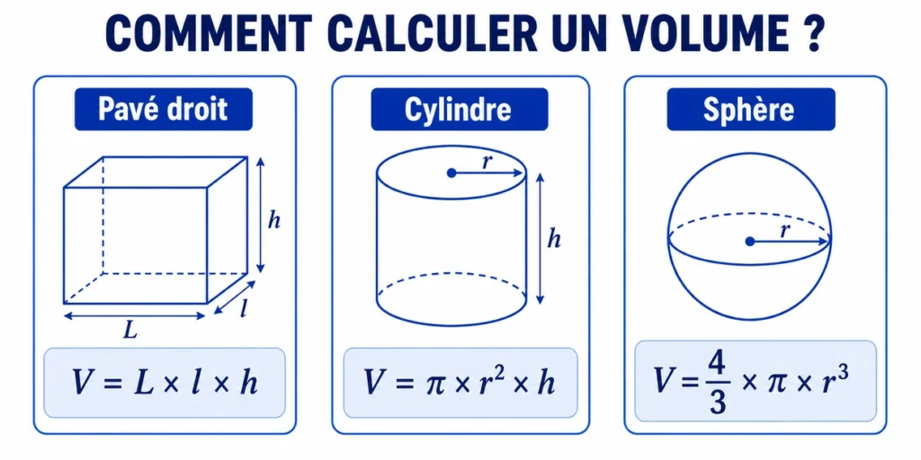 Formules pour calculer le volume d’un pavé droit, cylindre et sphère