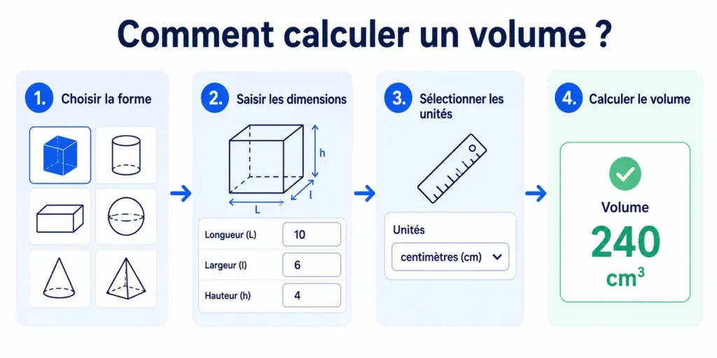 Étapes pour choisir une forme, saisir les dimensions et calculer le volume