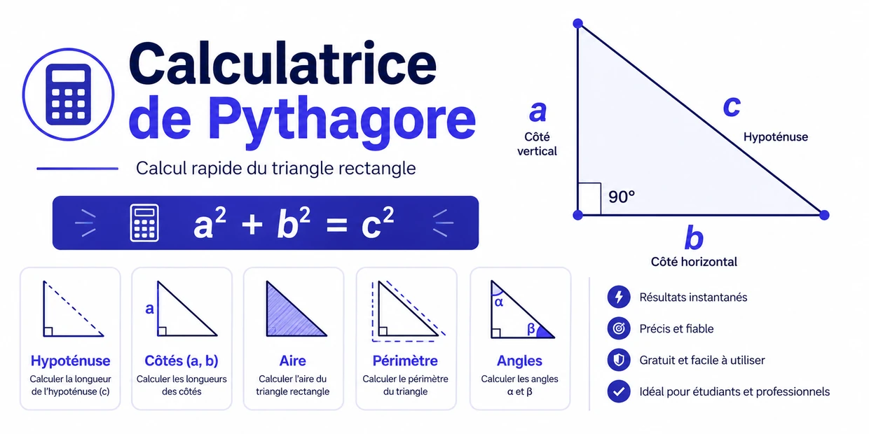 Calculatrice de Pythagore avec triangle rectangle et formule a² + b² = c²