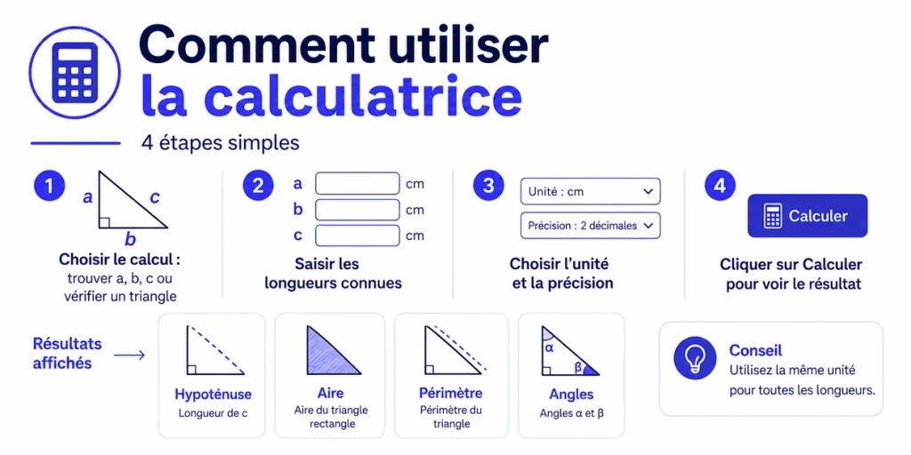 Étapes pour utiliser la calculatrice de Pythagore : choisir le calcul, saisir les longueurs, l’unité et calculer