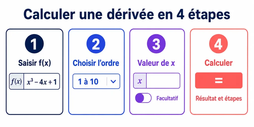 Quatre étapes pour calculer une dérivée : saisir la fonction, choisir l’ordre, indiquer x et calculer