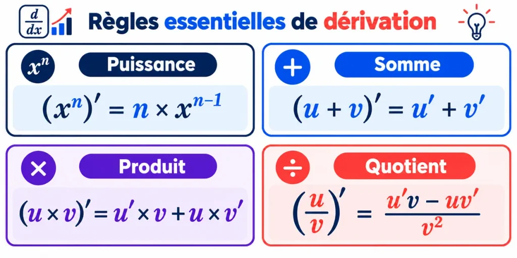 Règles essentielles de dérivation pour une puissance, une somme, un produit et un quotient