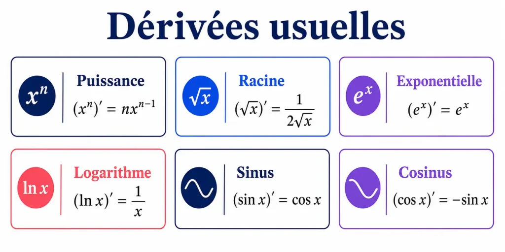 Tableau des dérivées usuelles : puissance, racine, exponentielle, logarithme, sinus et cosinus