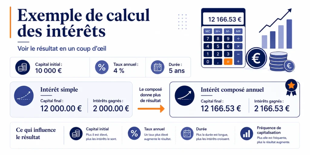 Exemple de calcul des intérêts sur 10000 euros à 4 pour cent pendant 5 ans