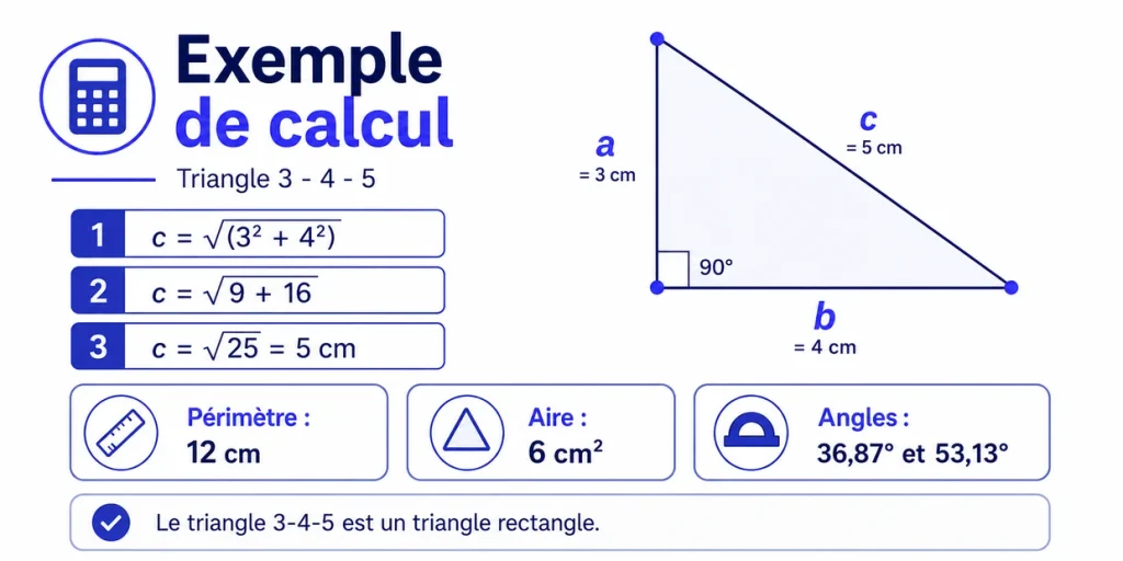 Exemple du théorème de Pythagore avec un triangle 3-4-5, aire, périmètre et angles