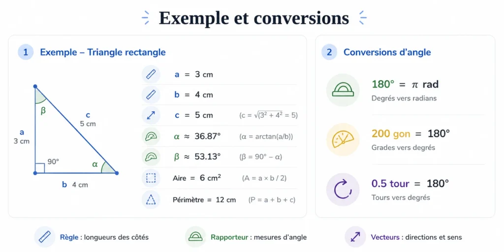 Exemple de calcul d’un triangle rectangle et conversion des angles