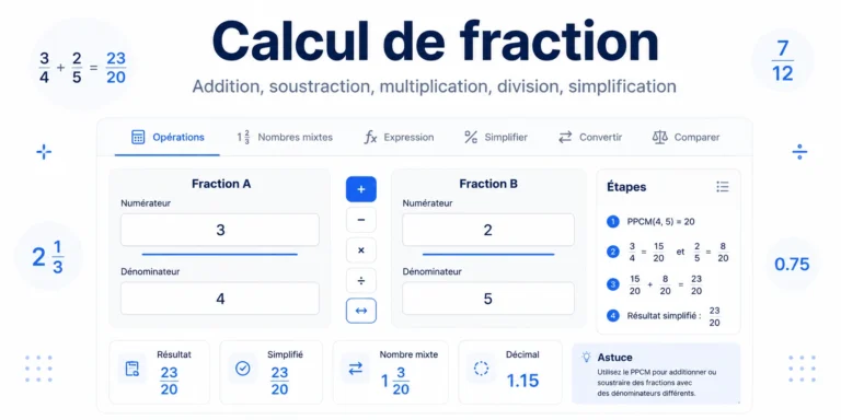 Calcul de fraction en ligne avec addition, soustraction, multiplication, division et simplification