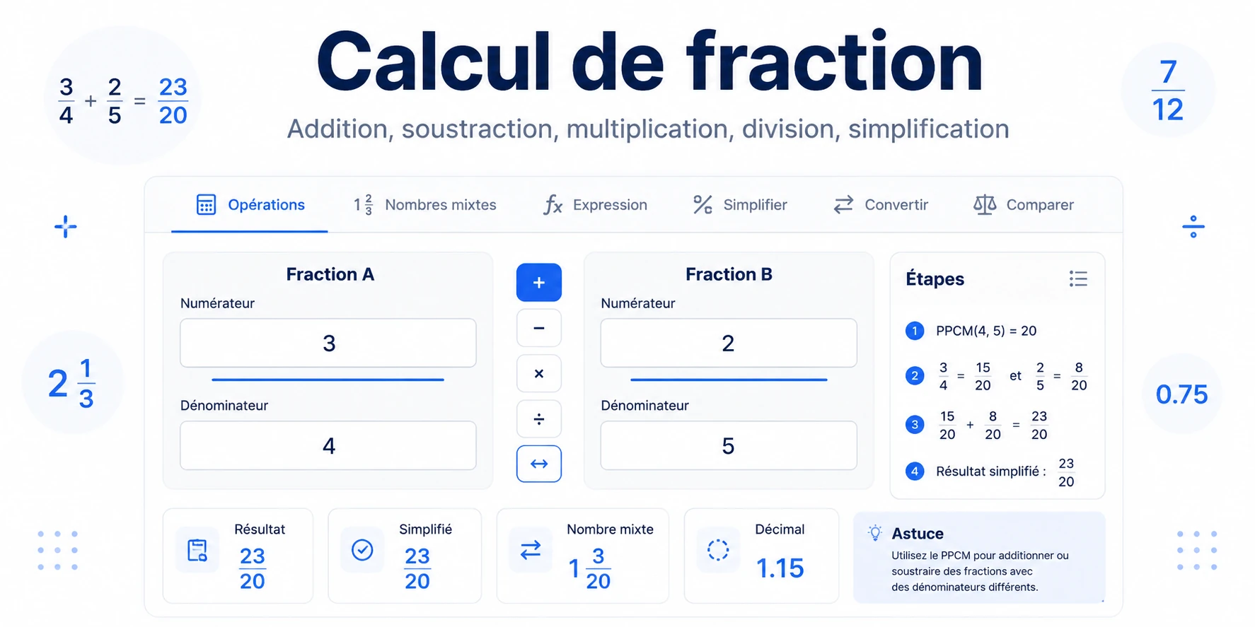 Calcul de fraction en ligne avec addition, soustraction, multiplication, division et simplification