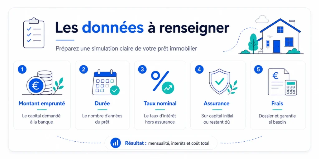 Données à renseigner pour une simulation de crédit immobilier : montant, durée, taux, assurance et frais