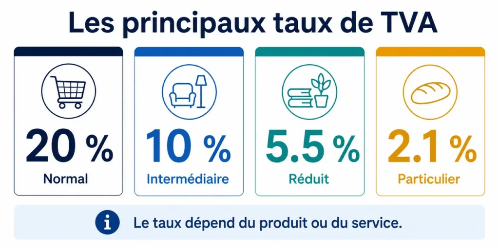 Principaux taux de TVA de 20 %, 10 %, 5.5 % et 2.1 % en France