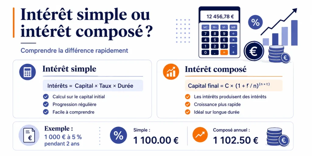 Différence entre intérêt simple et intérêt composé avec formules et exemple