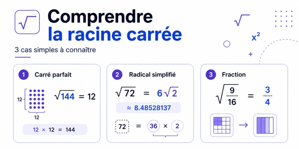 Exemples de racine carrée avec carré parfait, radical simplifié et fraction