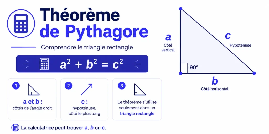 Théorème de Pythagore avec côtés a et b, hypoténuse c et angle droit de 90°