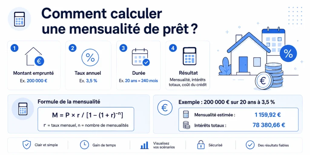 Calcul d’une mensualité de prêt avec montant, taux et durée