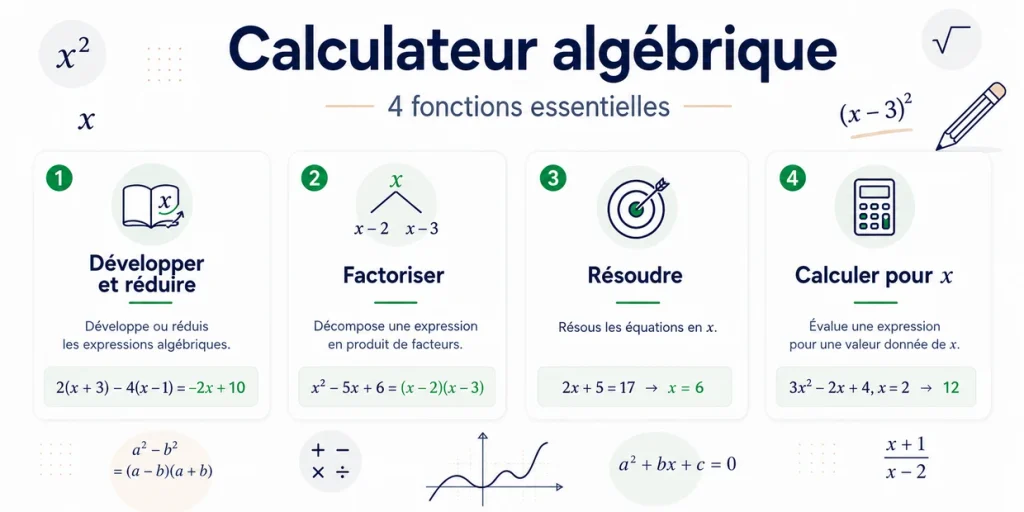 Quatre fonctions du calculateur algébrique : développer, factoriser, résoudre et calculer pour x