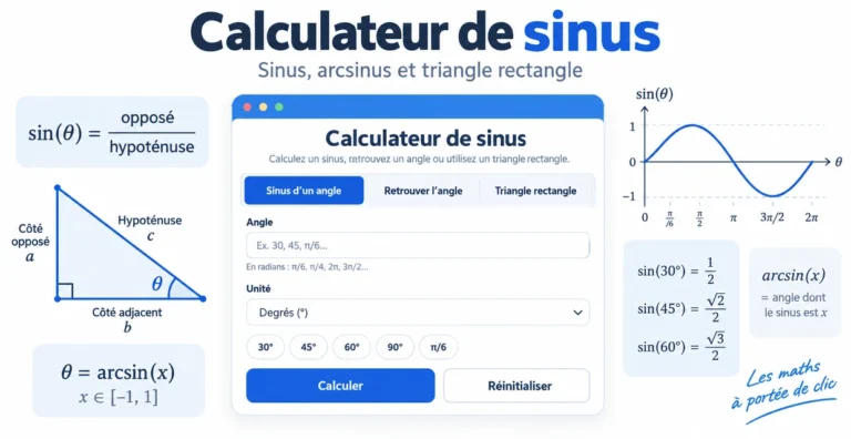 Calculateur de sinus avec sinus, arcsinus, triangle rectangle et valeurs remarquables