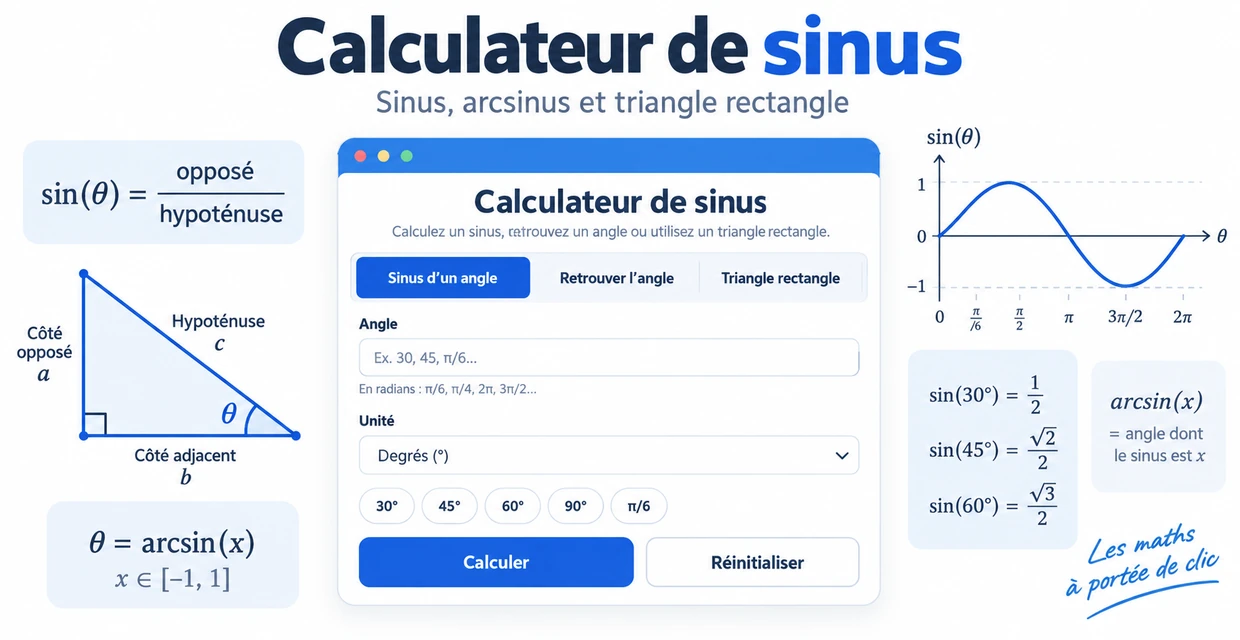 Calculateur de sinus avec sinus, arcsinus, triangle rectangle et valeurs remarquables