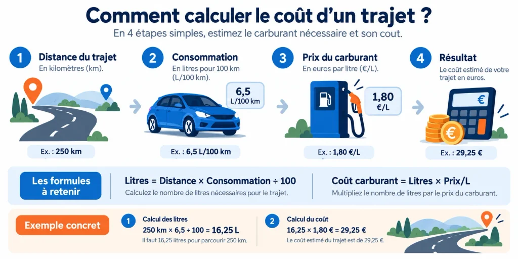 Comment calculer le coût d’un trajet selon la distance, la consommation et le prix du carburant