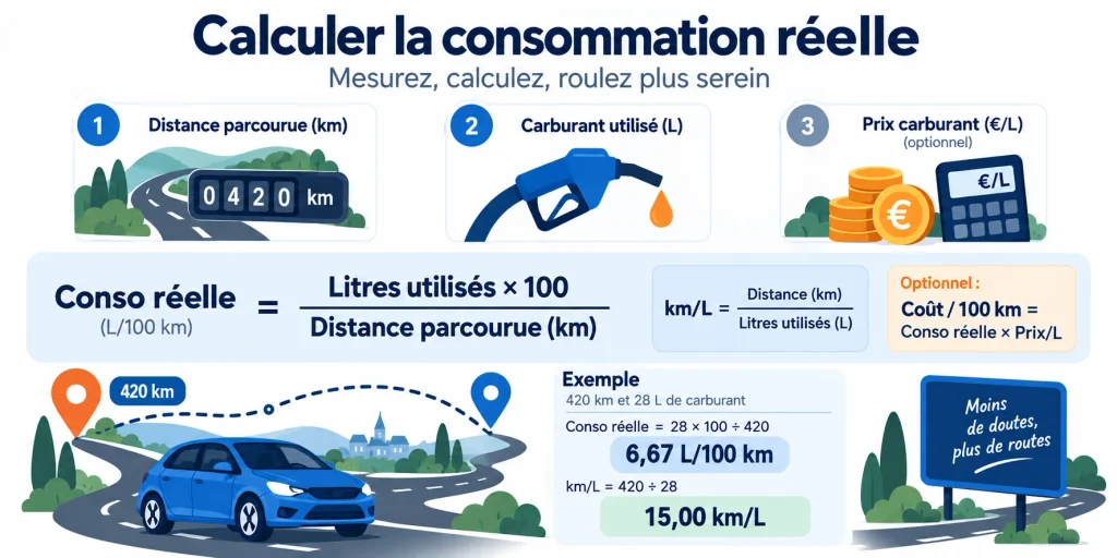Calcul de la consommation réelle d’une voiture en litres aux 100 km et kilomètres par litre