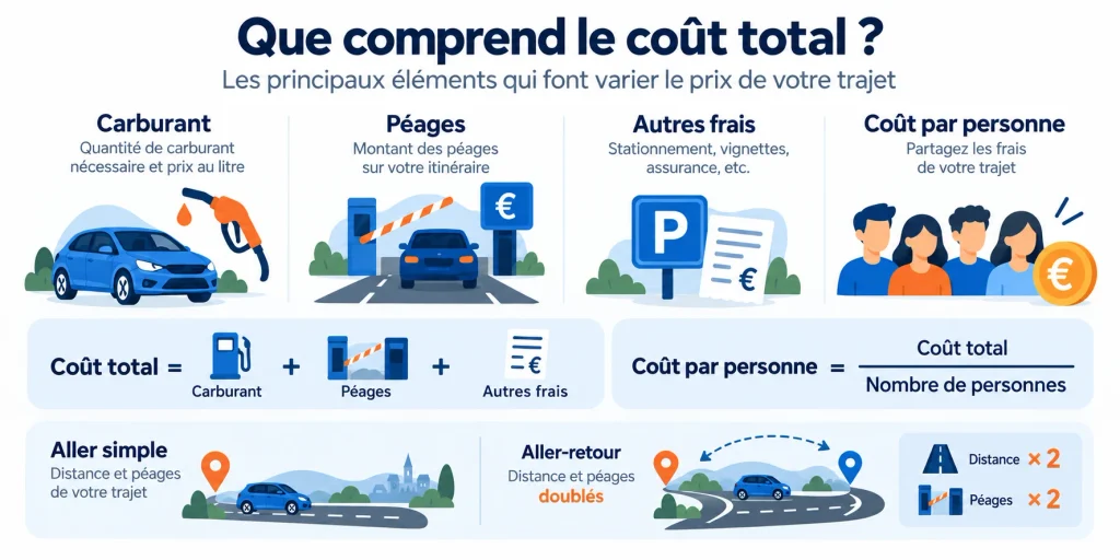 Coût total d’un trajet avec carburant, péages, autres frais et partage par personne
