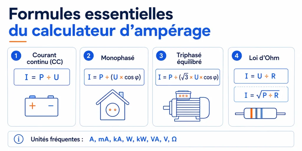 Infographie des formules du calculateur d’ampérage pour le courant continu, le monophasé, le triphasé équilibré et la loi d’Ohm