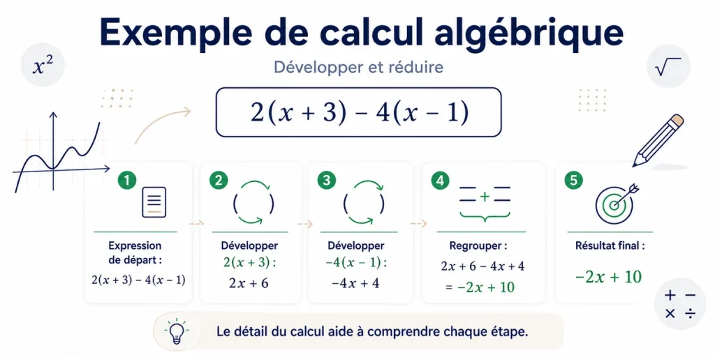 Exemple étape par étape pour développer et réduire une expression algébrique