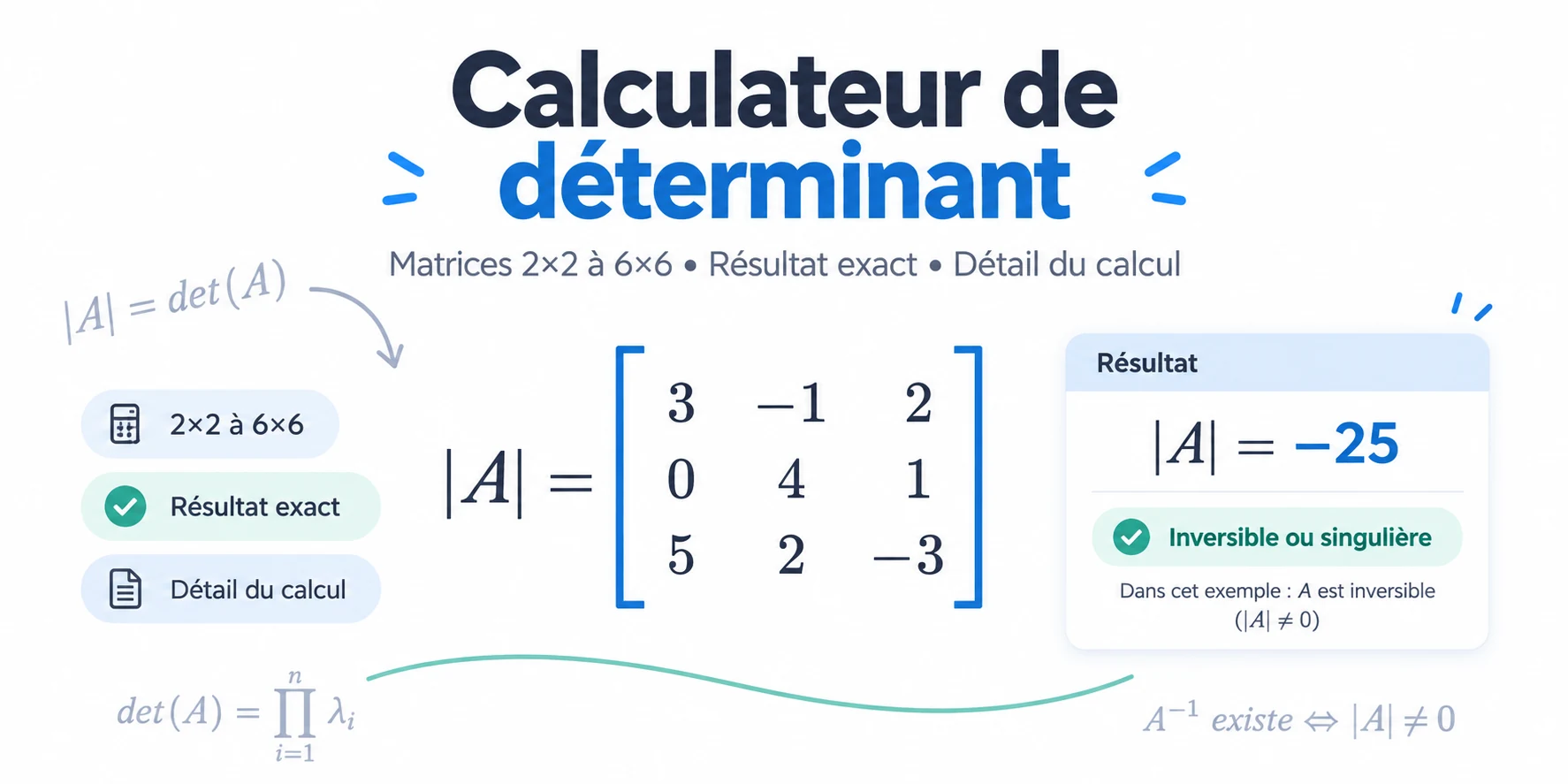 Calculateur de déterminant pour matrices 2×2 à 6×6