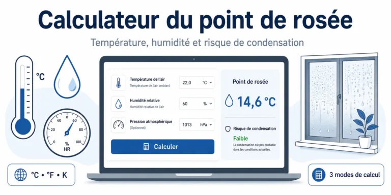 Calculateur du point de rosée avec température, humidité et risque de condensation