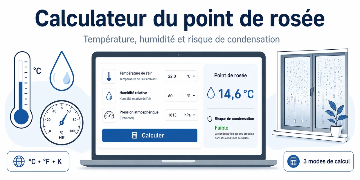 Calculateur du point de rosée avec température, humidité et risque de condensation