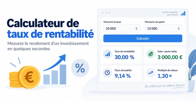 Calculateur de taux de rentabilité avec montant investi, gain net, taux annualisé et multiple de retour
