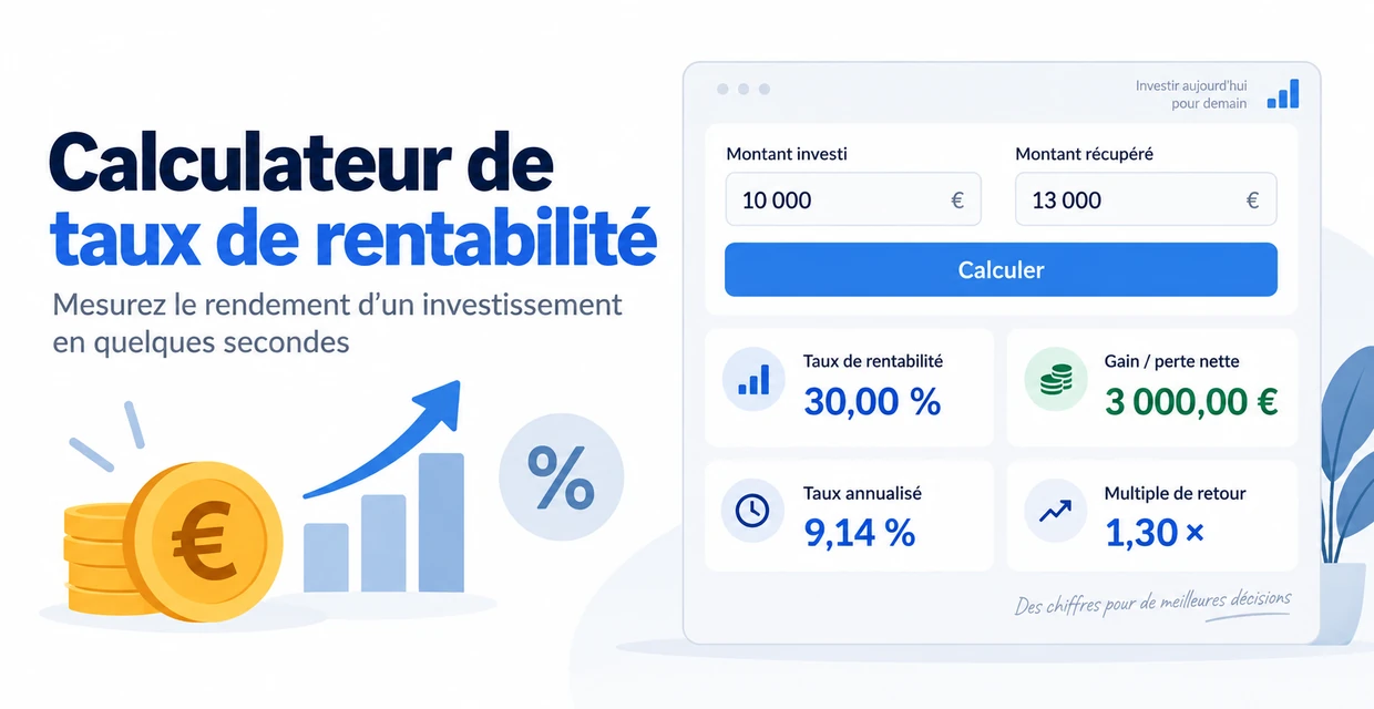 Calculateur de taux de rentabilité avec montant investi, gain net, taux annualisé et multiple de retour