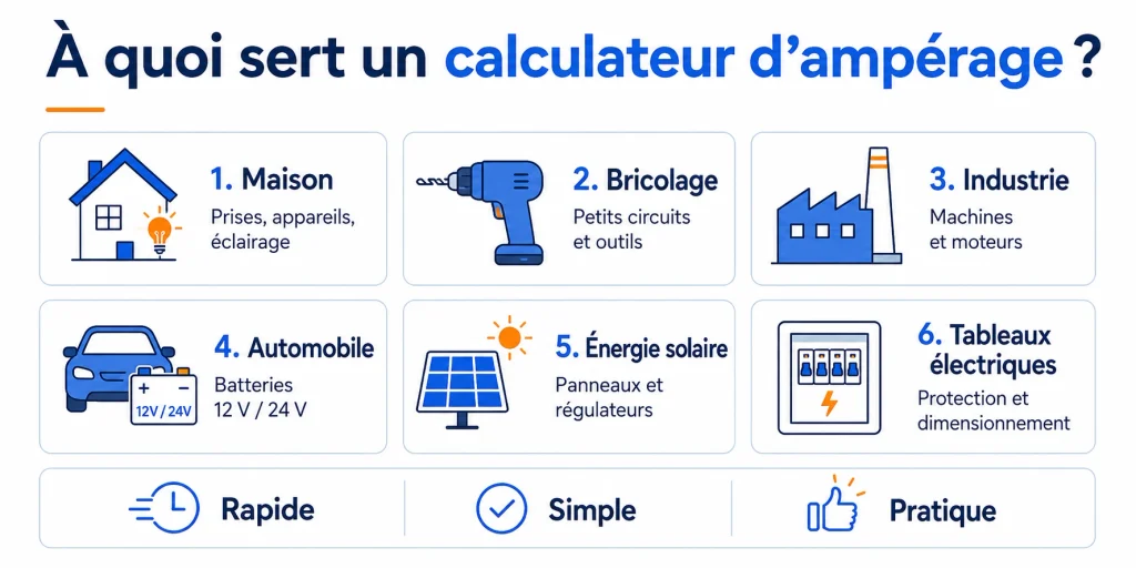 Infographie sur les usages du calculateur d’ampérage à la maison, en bricolage, en industrie, en automobile et en énergie solaire