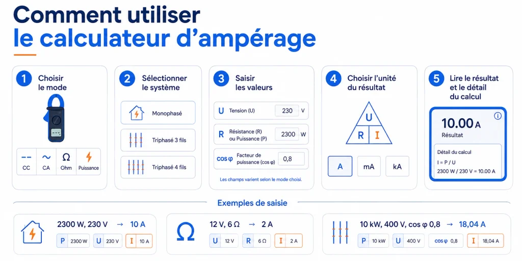 Infographie expliquant comment utiliser le calculateur d’ampérage étape par étape