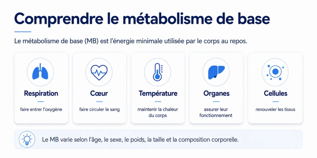 Infographie expliquant le métabolisme de base et les fonctions du corps au repos