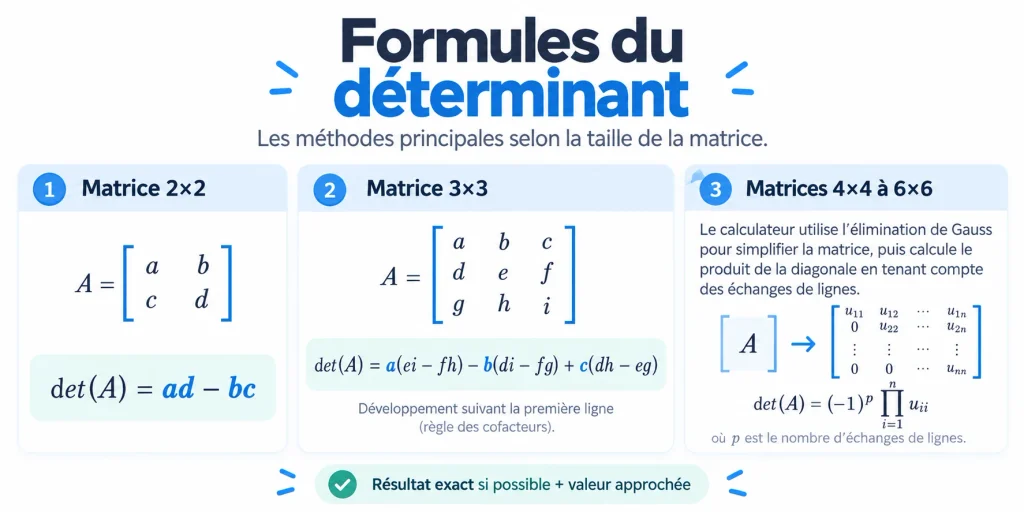 Formules du déterminant pour matrices 2×2, 3×3 et matrices plus grandes