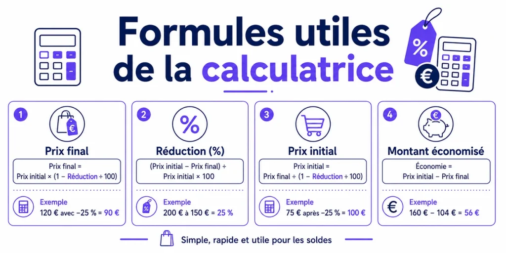 Formules pour calculer le prix final, le pourcentage de réduction, le prix initial et le montant économisé
