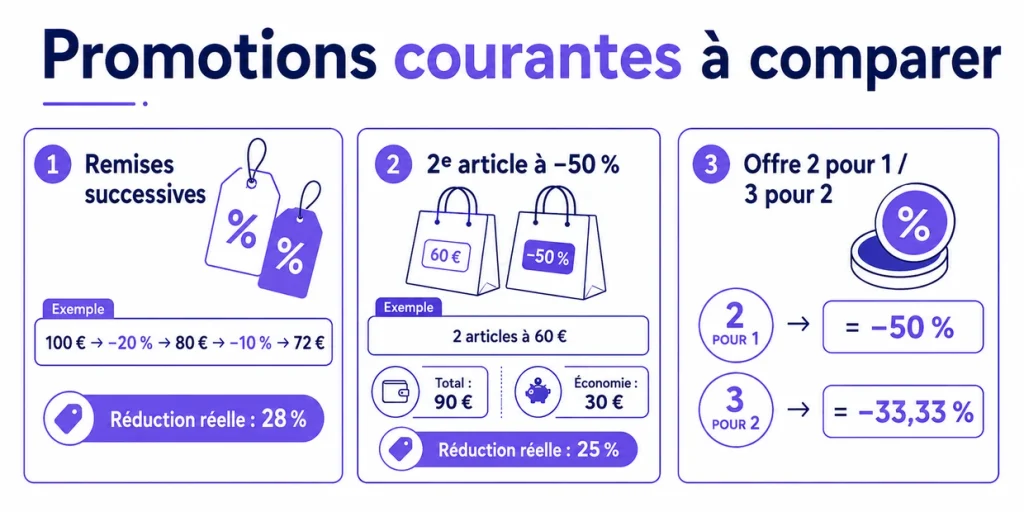 Comparaison des remises successives, deuxième article à -50 %, offre 2 pour 1 et 3 pour 2